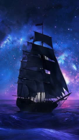 Sailing Tall Ship Drifting Across Violet Ocean Beneath Swirling Nebula Sky | Vertical Cinematic Loop