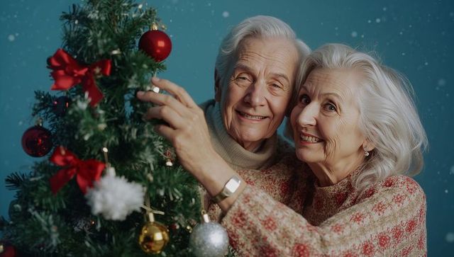 Happy Senior Couple Decorating Christmas Tree Together