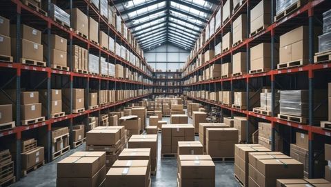 Large warehouse housing stacked boxes under skylit ceiling