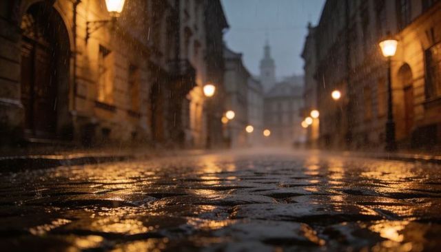 Rain-drenched cobblestone street at twilight reflecting warm lamplight, historic architecture