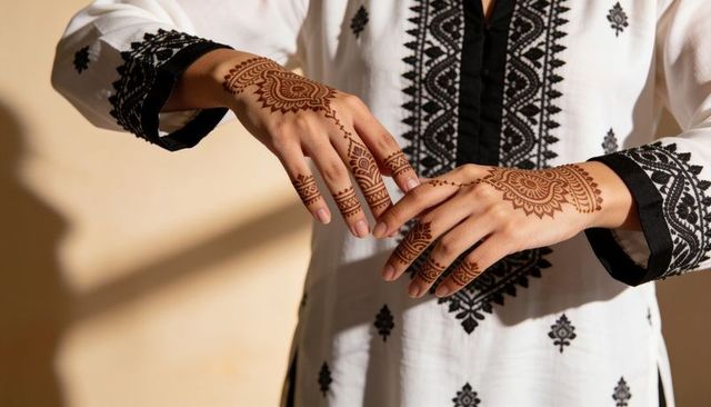 Sunlit hands displaying intricate henna mehndi on woman in embroidered white tunic