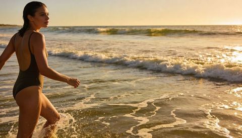 Young woman wading into golden-hour surf wearing dark one-piece swimsuit, ocean horizon