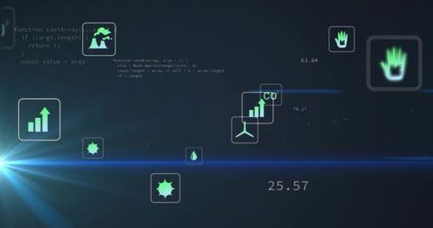 Futuristic Neon Green Data Tiles HUD Dashboard with Floating Icons and Numeric Overlays