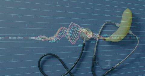 Stethoscope with yellow hearing aid and digital waveform overlay for audiology telehealth