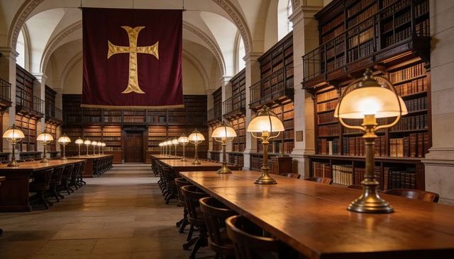 Grand Library Interior with Long Wooden Reading Tables, Brass Lamps, Maroon Banner