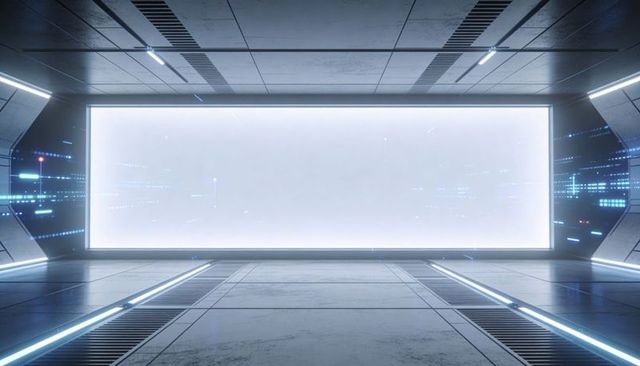 Futuristic Corridor with Massive Backlit Display Projecting Holographic Data Streams