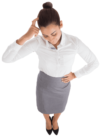 Hispanic businesswoman scratching head insightful expression transparent