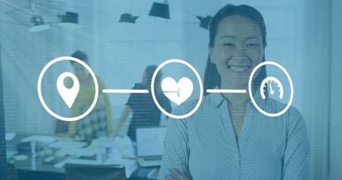 Businesswoman Behind Virtual Dashboard Display of Media Icons