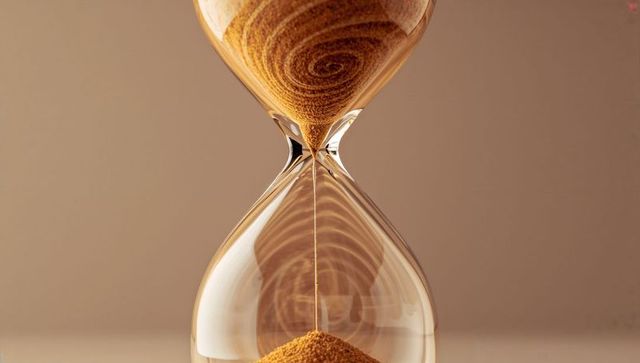 Elegant hourglass with flowing sand on warm background