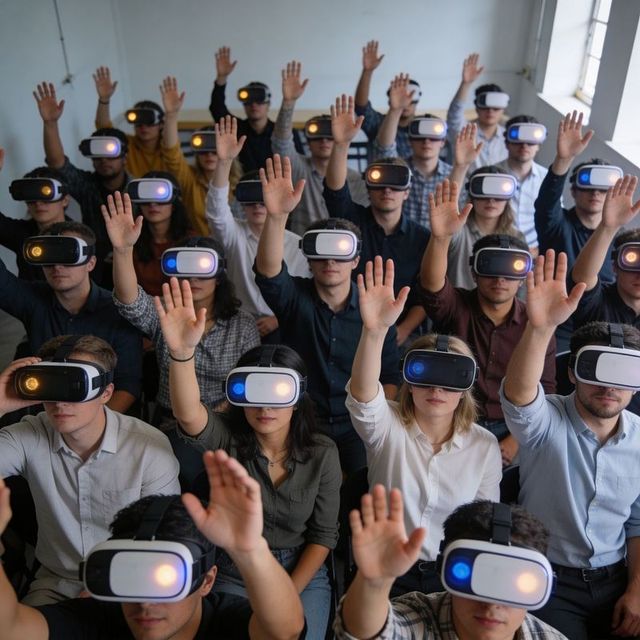 Large group wearing vr headsets raising hands during interactive corporate training session