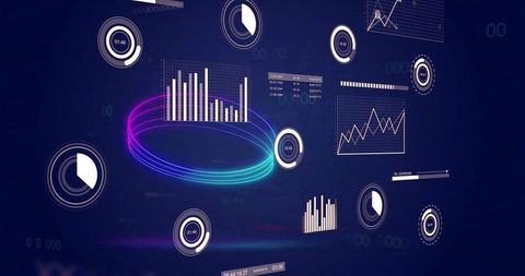 Neon holographic data dashboard with multicolor torus highlighting bar chart and gauges