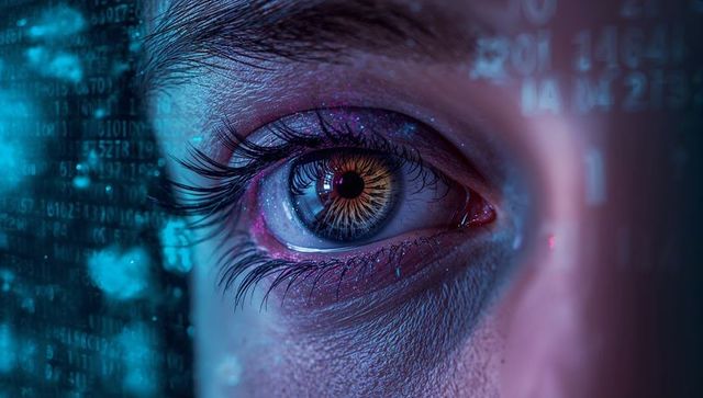 Close-Up Eye Reflected Neon Lighting with Digital Code Background