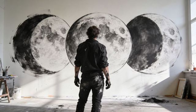 Artist Creating Giant Monochrome Lunar Mural Showing Three Moon Phases on Studio Wall