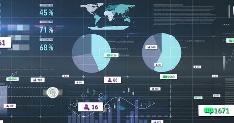 Futuristic dark dashboard displaying analytics and global data visuals with neon accents