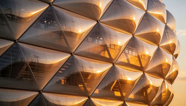 Golden sunset reflecting on etfe diamond cushion facade of modern stadium curved geometry
