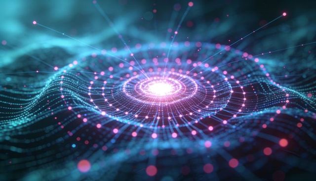 Radiant neural core emitting circular waves across digital mesh of nodes and data streams