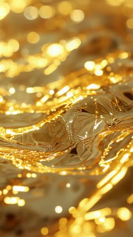 Vertical Gold Liquid Metal Waves Macro Footage Showing Rippling Reflective Surface
