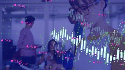 Caucasian Woman Analyzing Digital Financial Data in Office