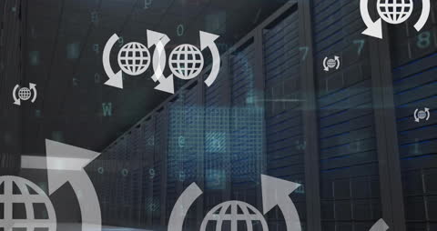 Futuristic Data Processing in a Server Room with Globe Icons