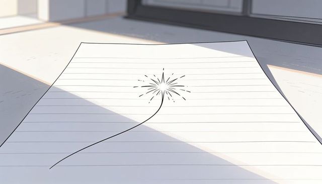 Sunlit lined notebook paper featuring minimal black ink doodle and diagonal shadow