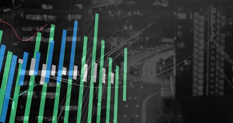 Night City Financial Overlay Showing Green Bars, White Candlesticks and Red Trend Line