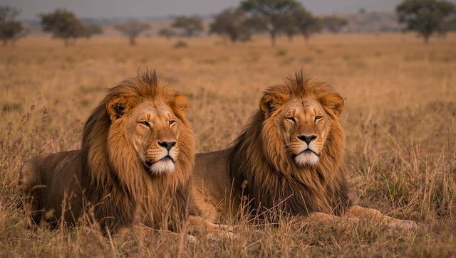 Two male african lions resting on golden savanna grassland at sunset, majestic big cats