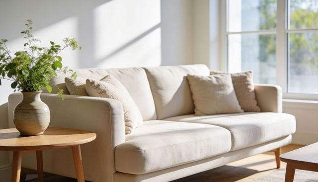 Sunlit cream sofa basking in warm morning light with textured throw pillows and wood table
