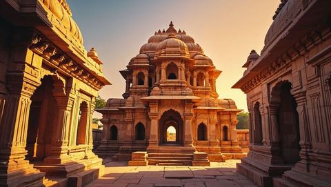 Ancient indian temple glowing at sunset