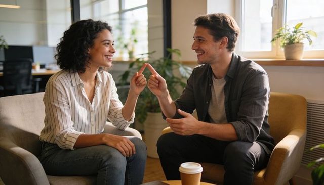 Smiling coworkers touching fingertips in office lounge, casual collaboration over coffee