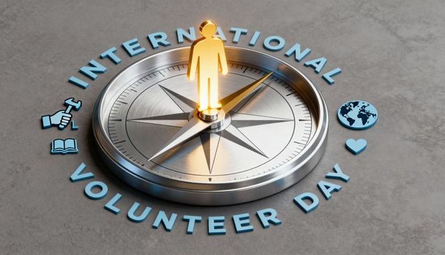 International volunteer day compass guiding global volunteerism with glowing figure