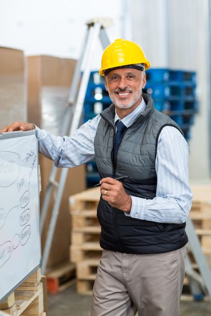 Middle-aged male warehouse worker wearing a hard hat and safety vest, standing near a whiteboard with a smile. Ideal for use in articles or advertisements related to warehouse management, logistics, industrial safety, and professional training. Can be used to depict planning and organization in a warehouse setting.