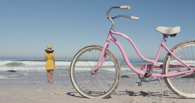 Pink bike and back view biracial woman standing on beach and looking at sea - Download Free Stock Photos Pikwizard.com