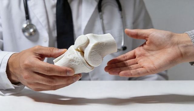 Doctor demonstrating knee joint model to patient during orthopedic consultation