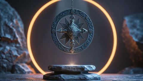 Ancient mystical talisman in cavern with glowing ring