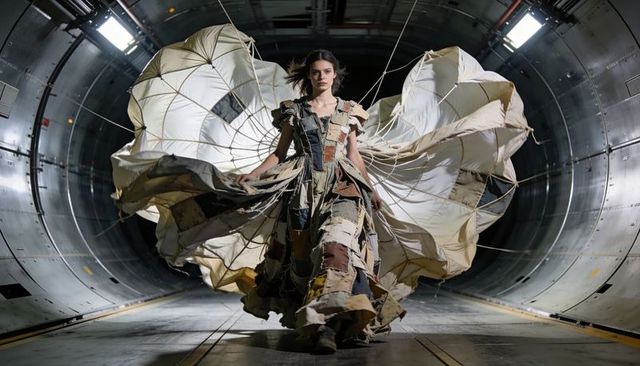 Model walking in patchwork dress holding parachute canopy inside aircraft cargo fuselage