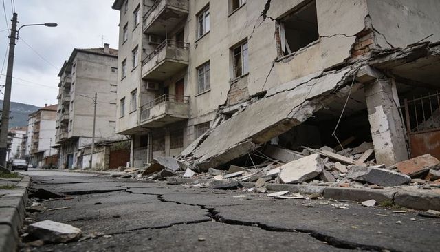 Collapsed apartment building spilling concrete slabs onto cracked urban street