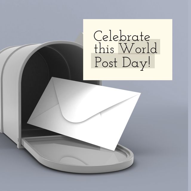 Composition of world post day text over mailbox with envelope. World post day and celebration concept digitally generated image.
