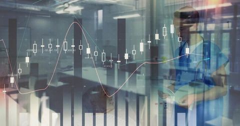 Doctor Analyzing Medical Data with Financial Graph Overlays in Dynamic Office