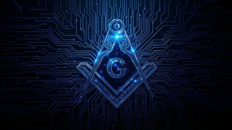Futuristic masonic emblem formed by glowing circuit lines