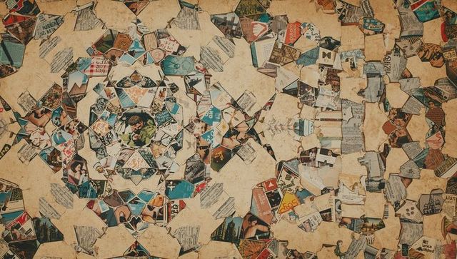 Vibrant abstract starburst collage of torn magazine clippings