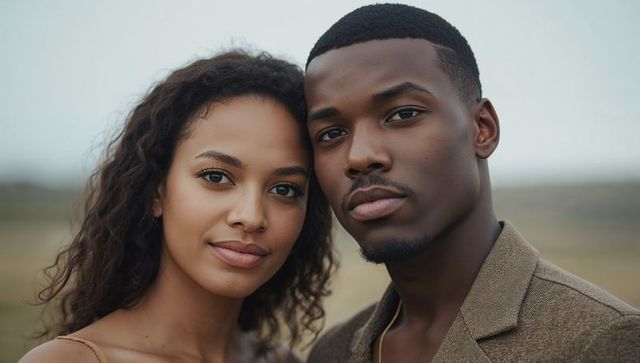 Intimate close-up portrait of young couple posing in meadow, stylish neutral fashion