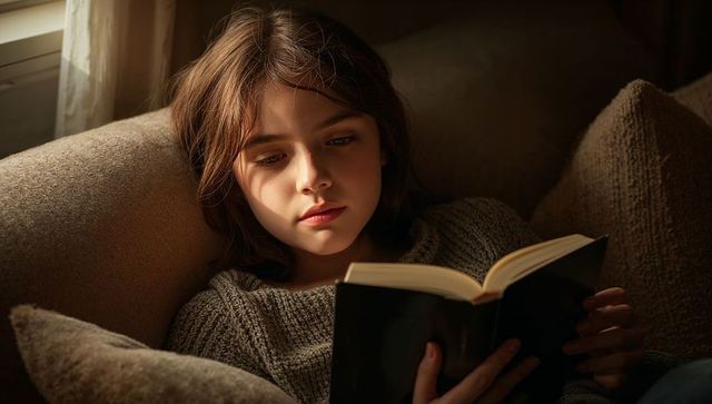 Preteen girl reading paperback on couch in warm golden hour light wearing chunky knit sweater