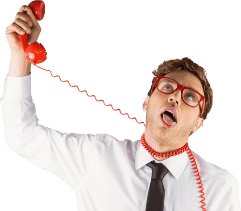 Stressed businessman with phone on transparent background