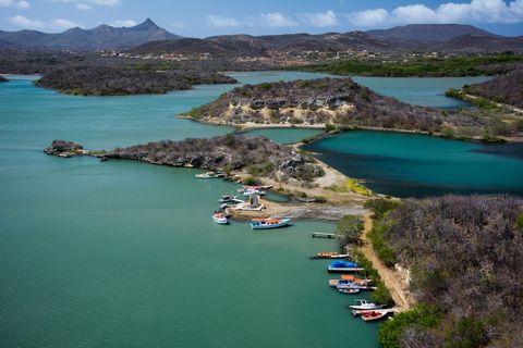 Colorful fishing boats anchored in serene curacao