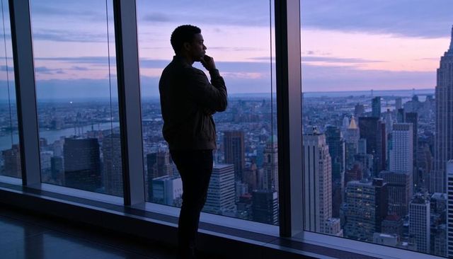 Solitary man gazing over twilight urban skyline from high-rise observatory window silhouette