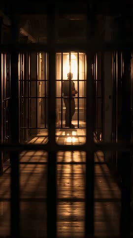 Man standing silhouetted behind bars in warm backlit corridor — vertical cinematic clip