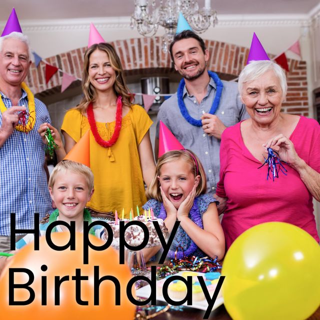 Happy Family Celebrating Birthday with Party Hats and Decorations - Download Free Stock Templates Pikwizard.com