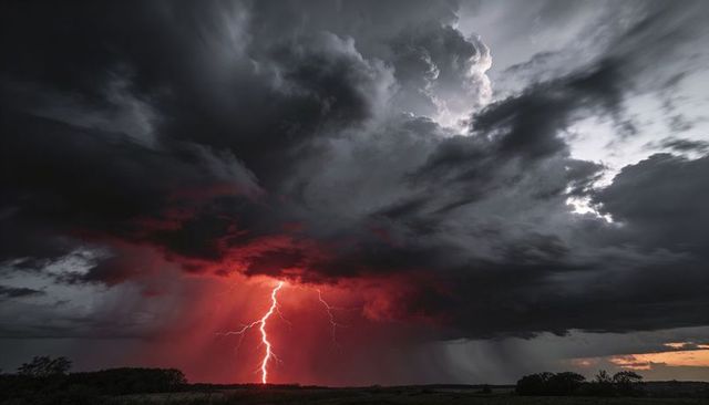 Crimson lightning striking over rural grassland at dusk with dramatic storm clouds