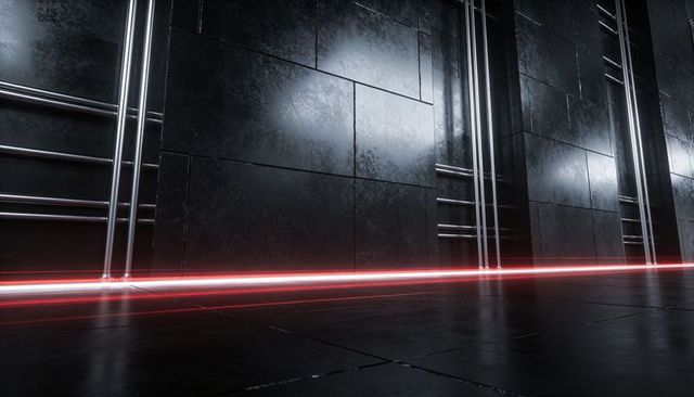 Futuristic matte black corridor with glowing red neon streak and reflective steel rails