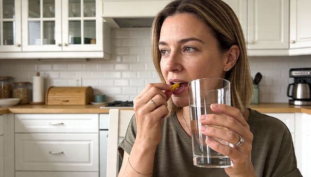 Woman taking supplement with water in sunlit modern kitchen, candid wellness routine